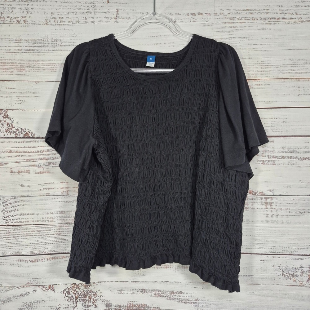 Old Navy Black Smocked Puff Sleeve Top 2X Short Sleeve Ruffle Hem Crew Neck